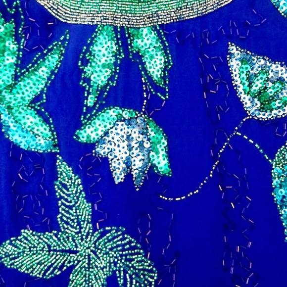 Vintage Jacqueline Ferrar 100% Silk Beaded Sequin Floral Blouse Blue Size 14 - Picture 5 of 7